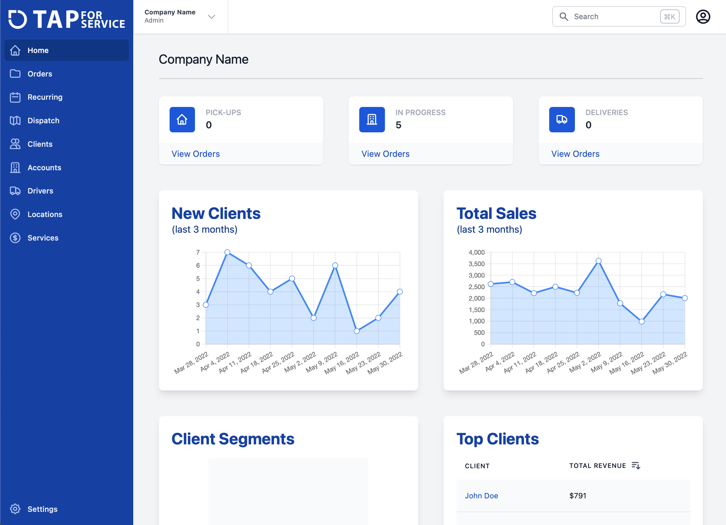 Tap For Service Dashboard Page